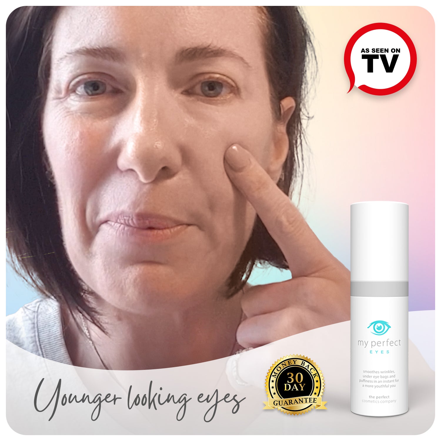 Before and after under eye puffiness, eye bags, fine lines and wrinkles, My Perfect Eyes results, lower eye blepharoplasty alternative